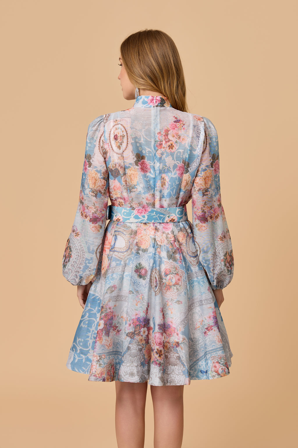 Stand Collar Lantern Sleeve Mini Dress With Belt