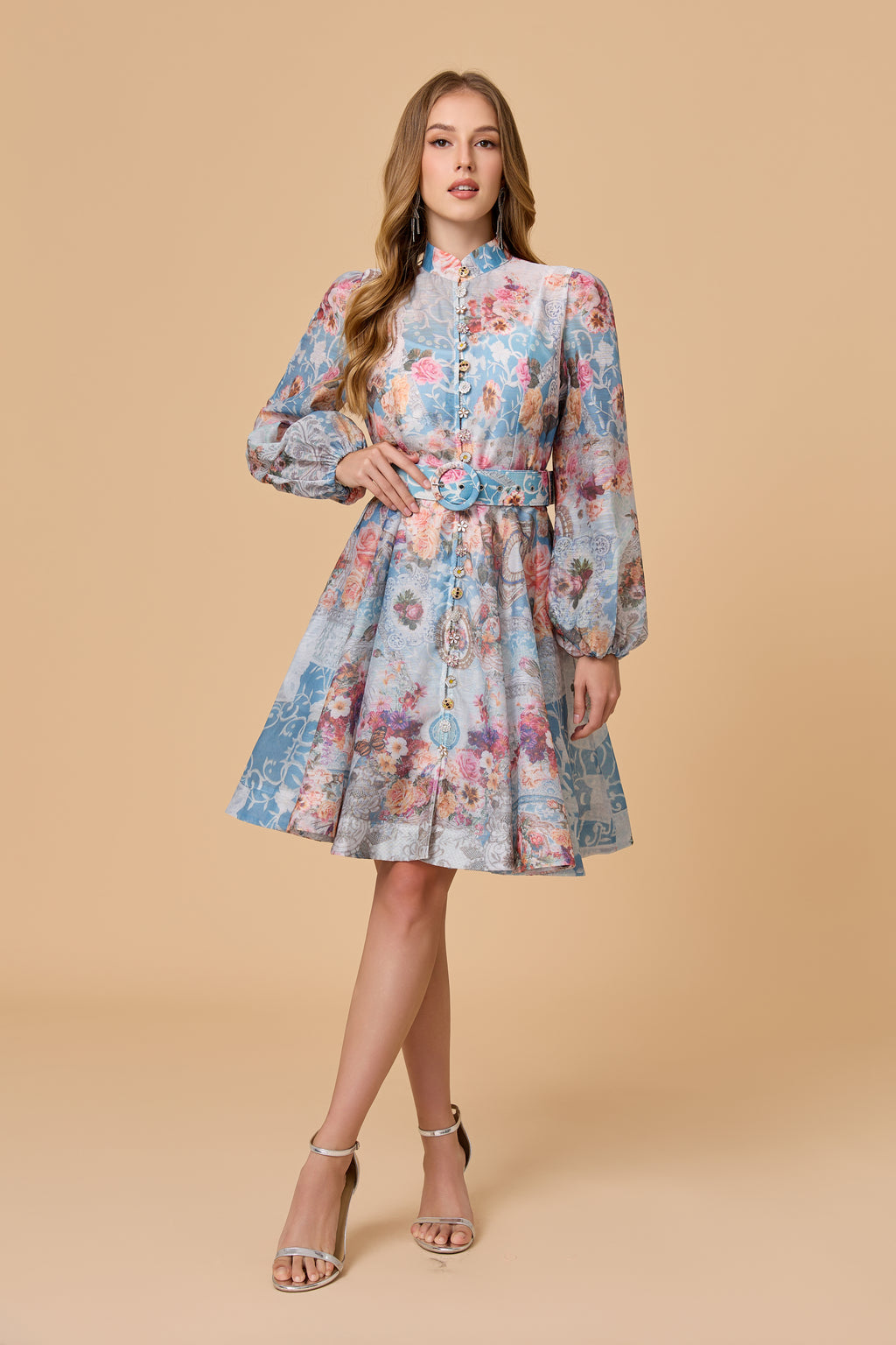 Stand Collar Lantern Sleeve Mini Dress With Belt