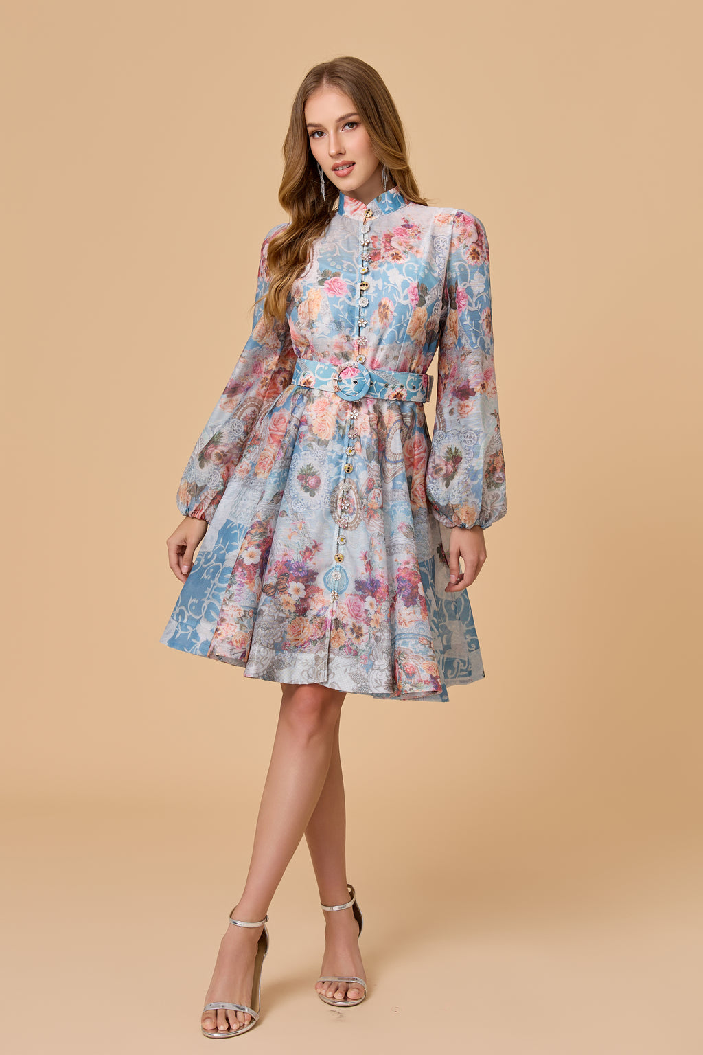 Stand Collar Lantern Sleeve Mini Dress With Belt