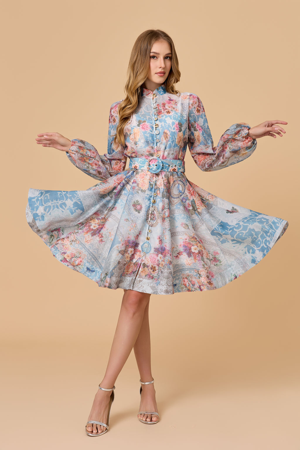 Stand Collar Lantern Sleeve Mini Dress With Belt