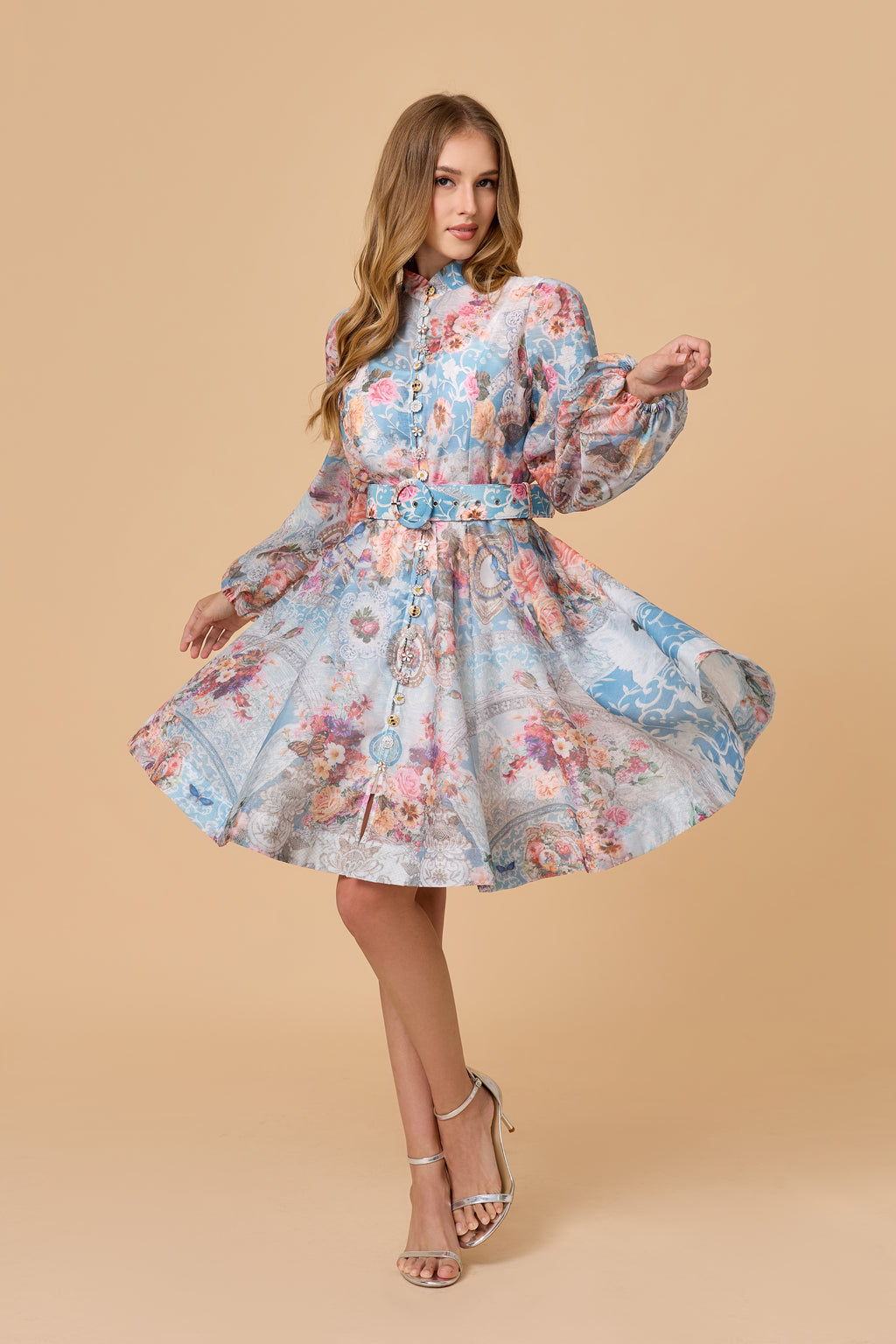 Stand Collar Lantern Sleeve Mini Dress With Belt