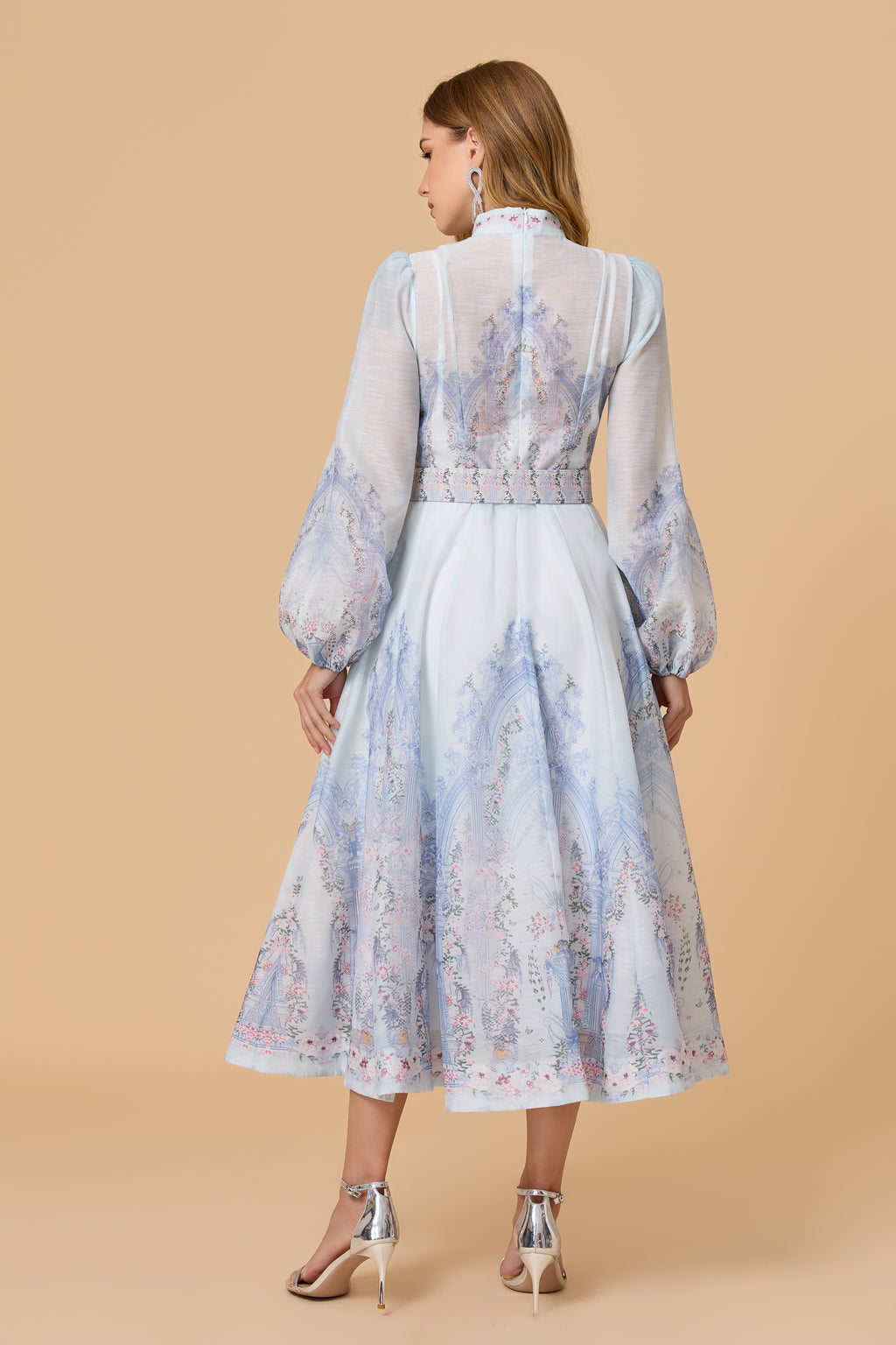 Blue Print Collar Puff Sleeve Midi Dress
