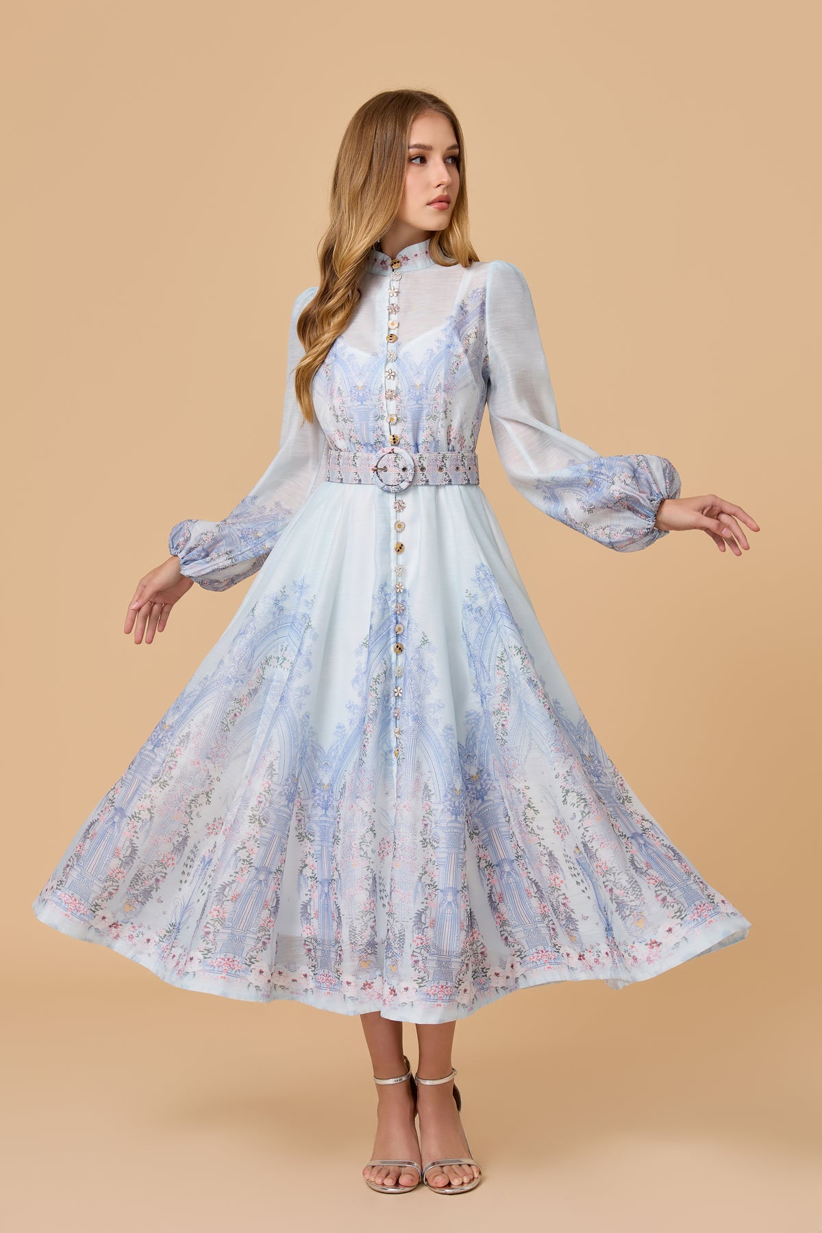 Blue Print Collar Puff Sleeve Midi Dress