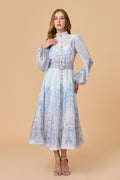 Blue Print Collar Puff Sleeve Midi Dress