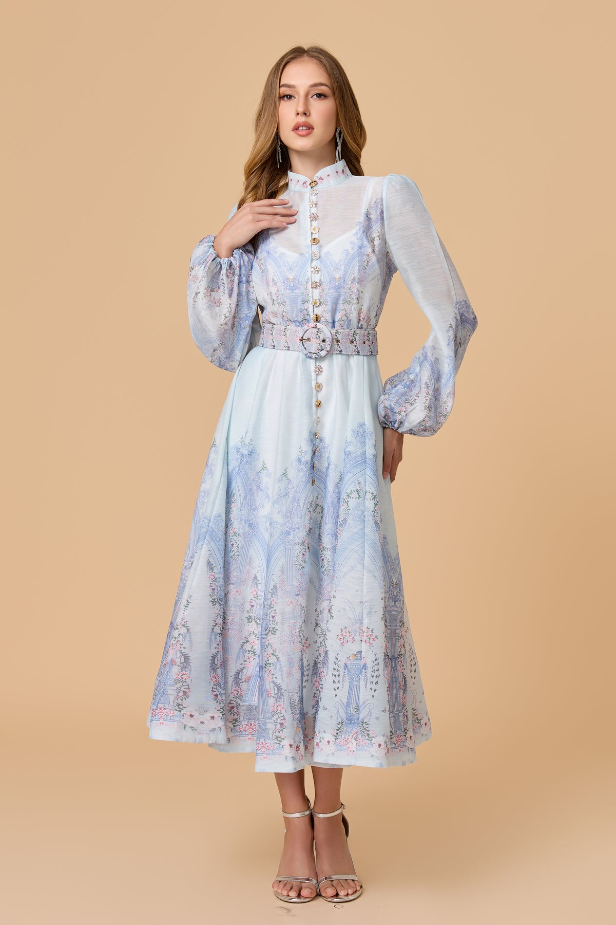 Blue Print Collar Puff Sleeve Midi Dress