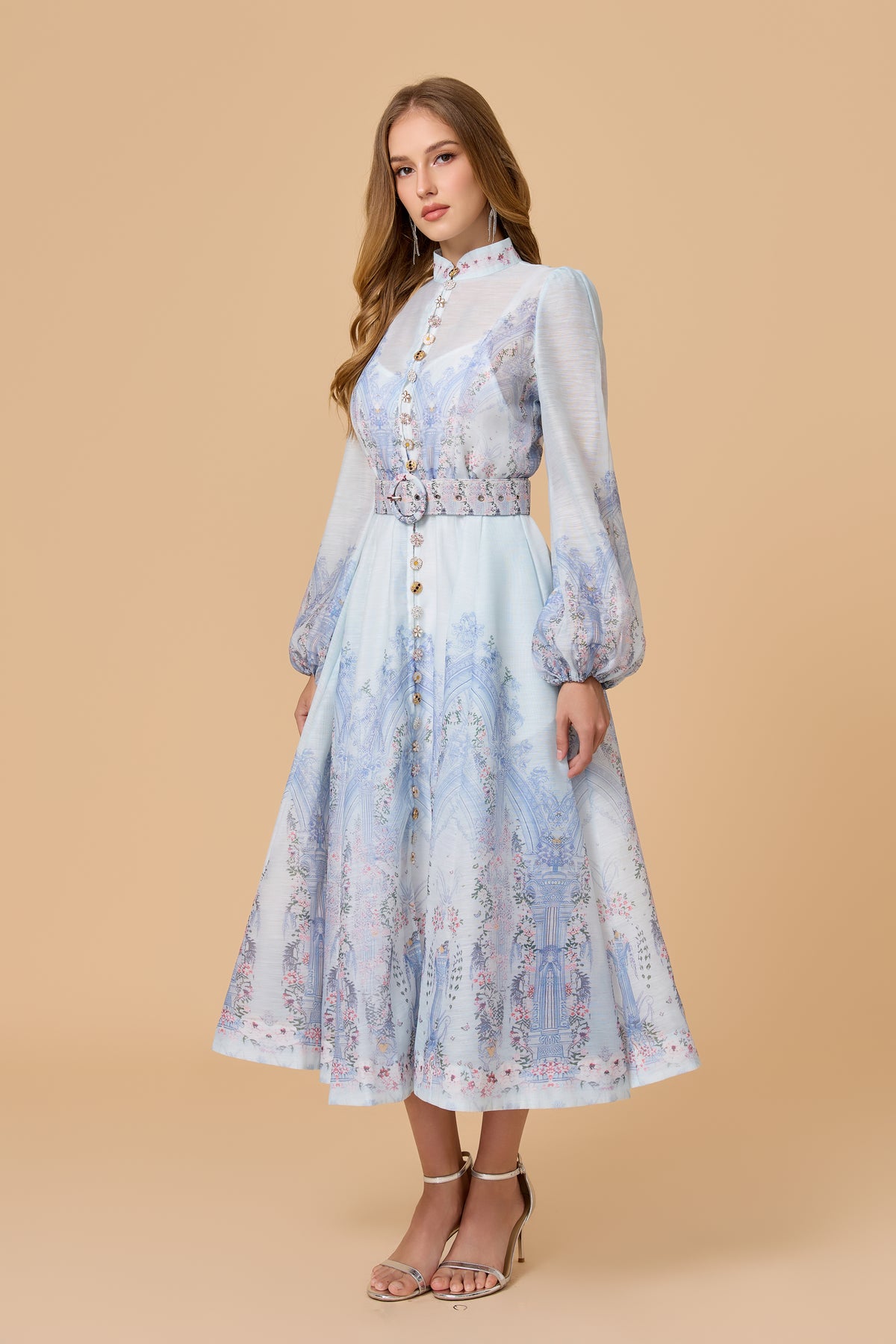 Blue Print Collar Puff Sleeve Midi Dress