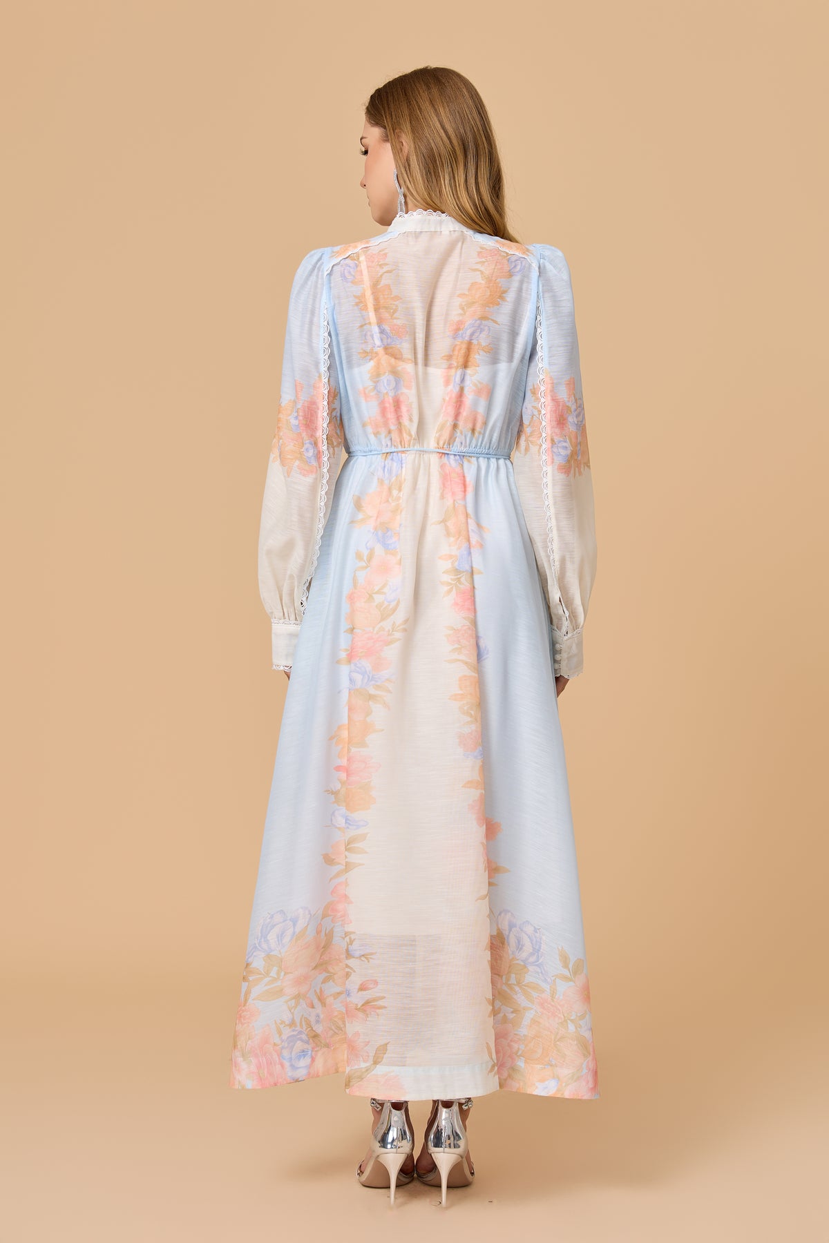 Light Blue Floral Print Stand Collar Long Sleeve Maxi Dress