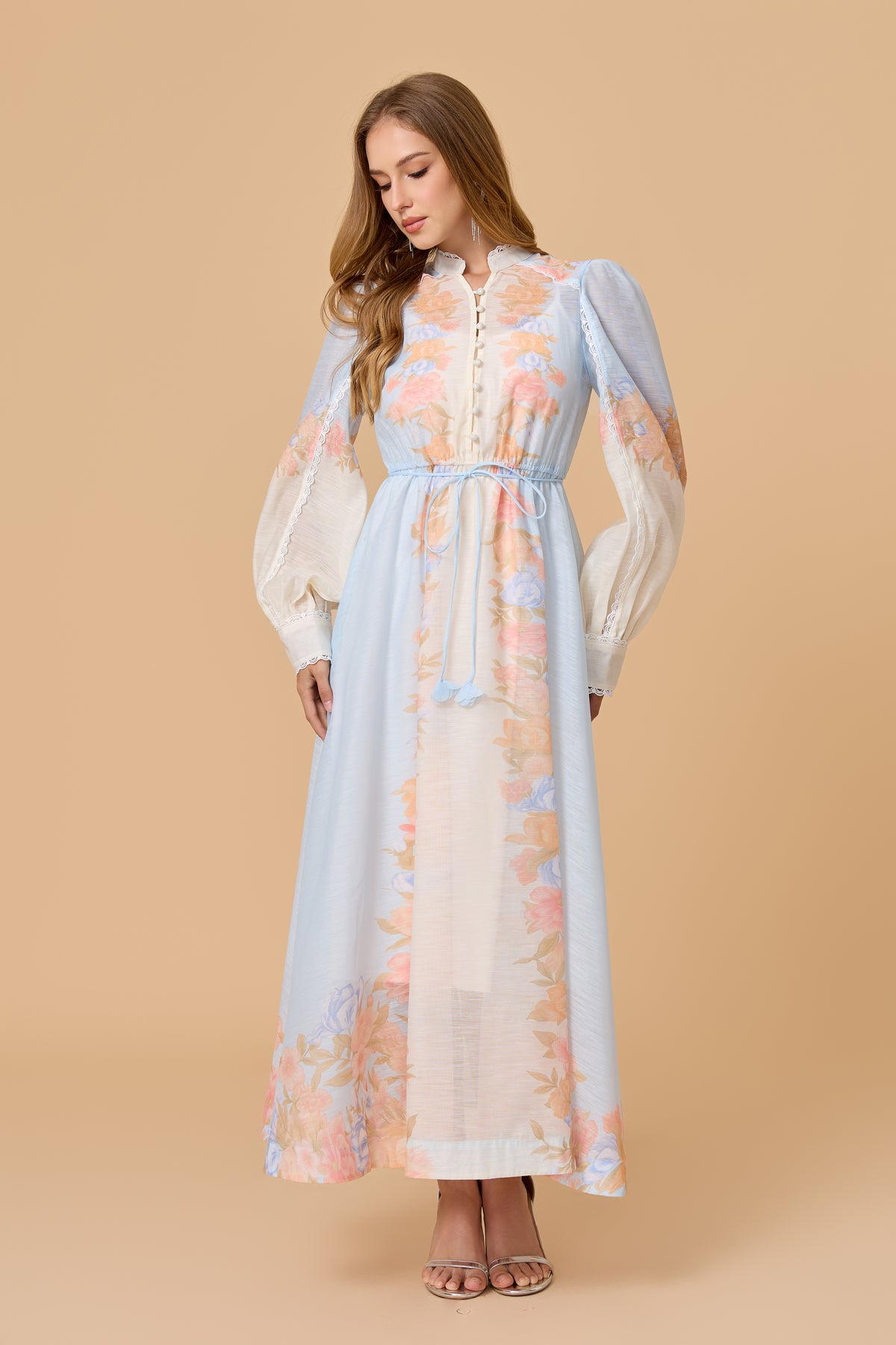 Light Blue Floral Print Stand Collar Long Sleeve Maxi Dress