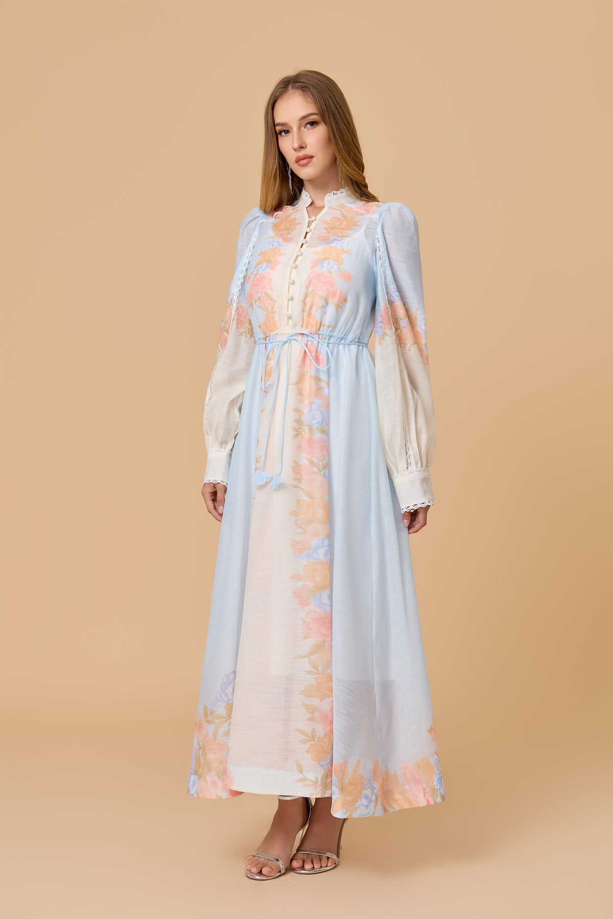 Light Blue Floral Print Stand Collar Long Sleeve Maxi Dress