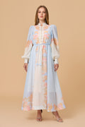 Light Blue Floral Print Stand Collar Long Sleeve Maxi Dress