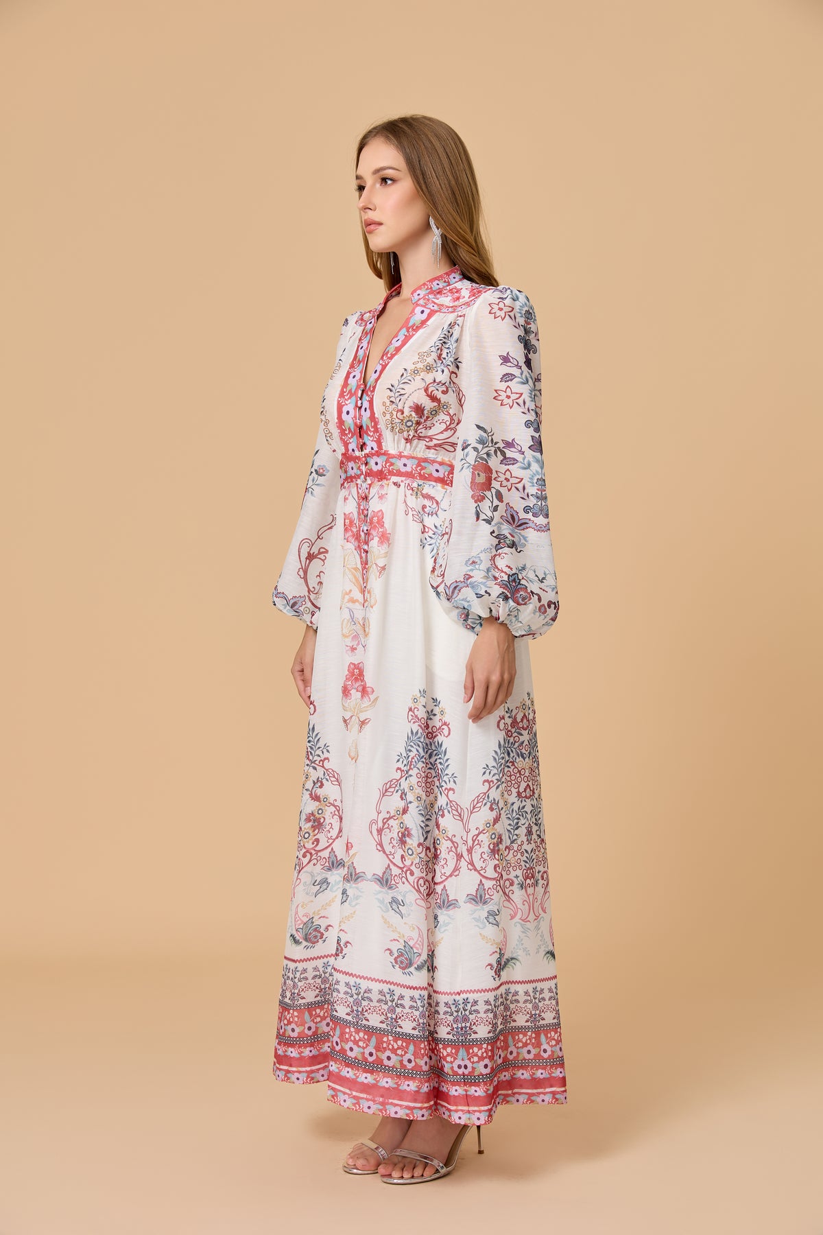 Boho Floral Button Front Long Sleeve Maxi Dress