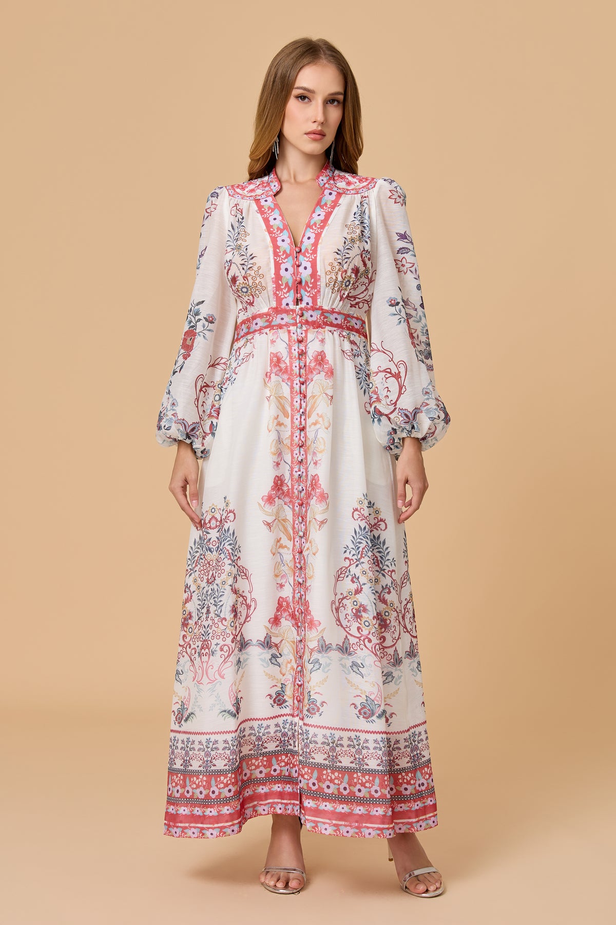 Boho Floral Button Front Long Sleeve Maxi Dress