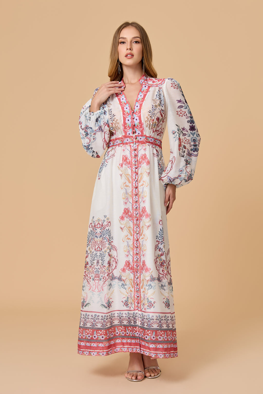 Boho Floral Button Front Long Sleeve Maxi Dress