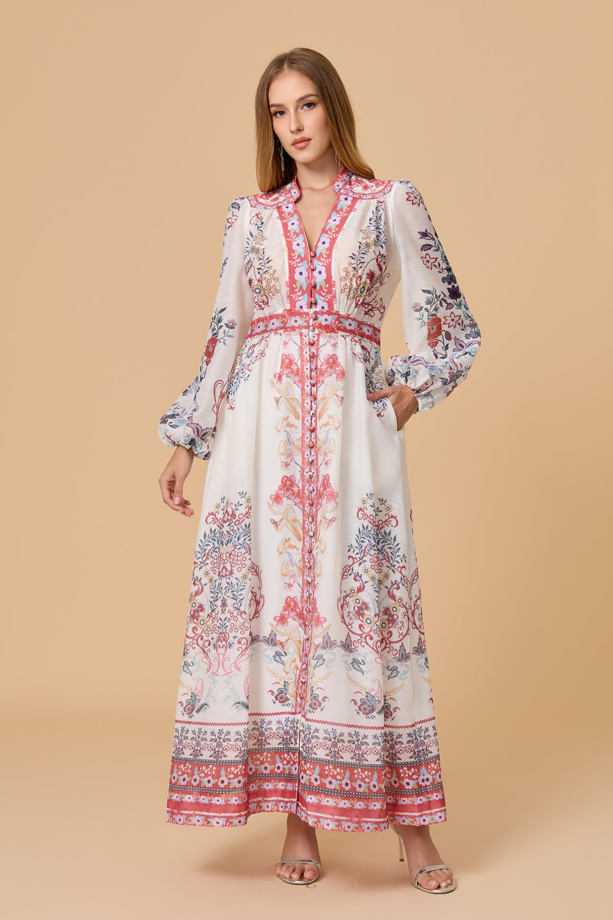 Boho Floral Button Front Long Sleeve Maxi Dress