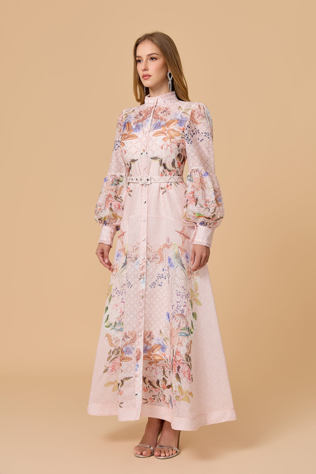 Pink Allover Print Stand Collar Belted Maxi Dress