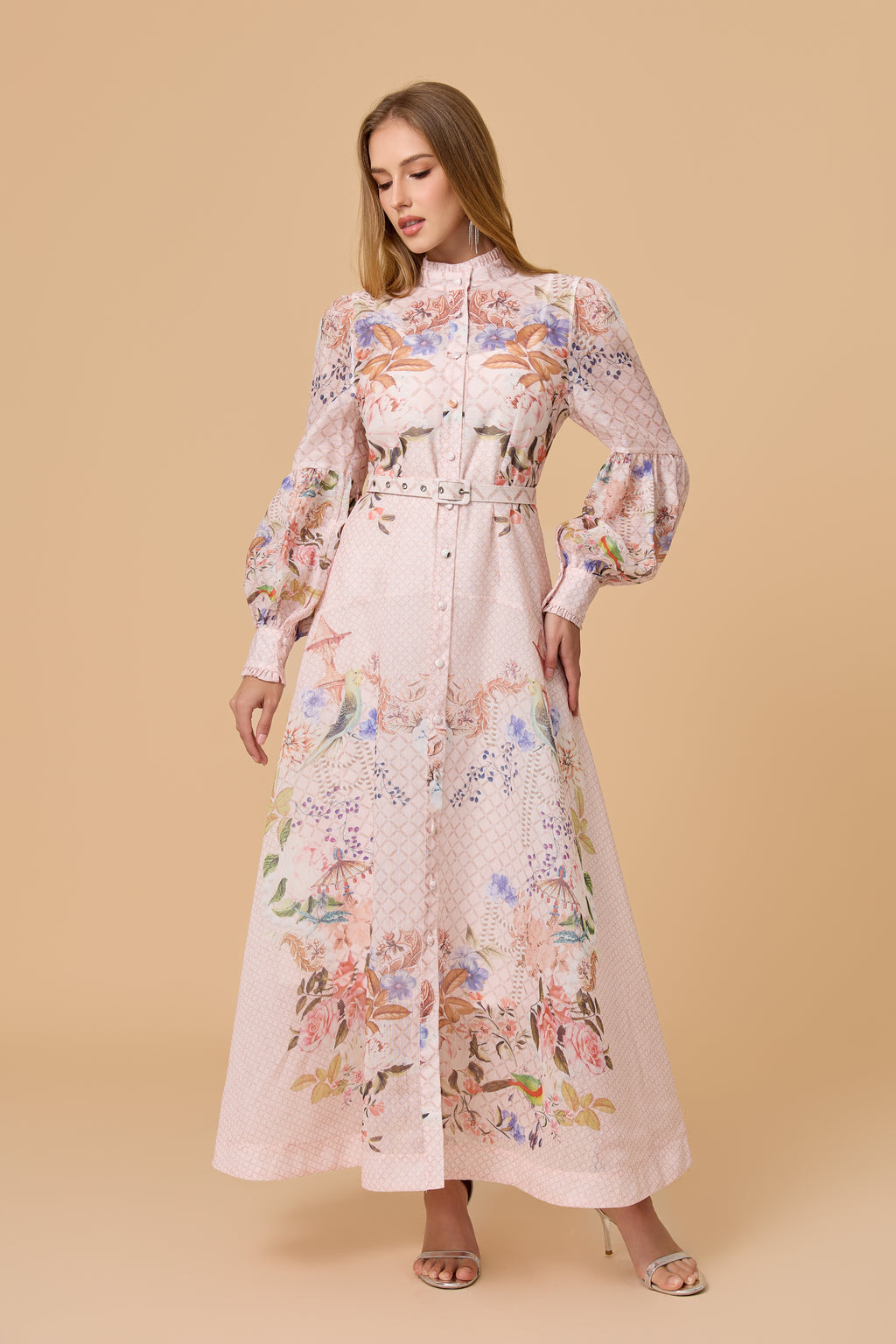 Pink Allover Print Stand Collar Belted Maxi Dress