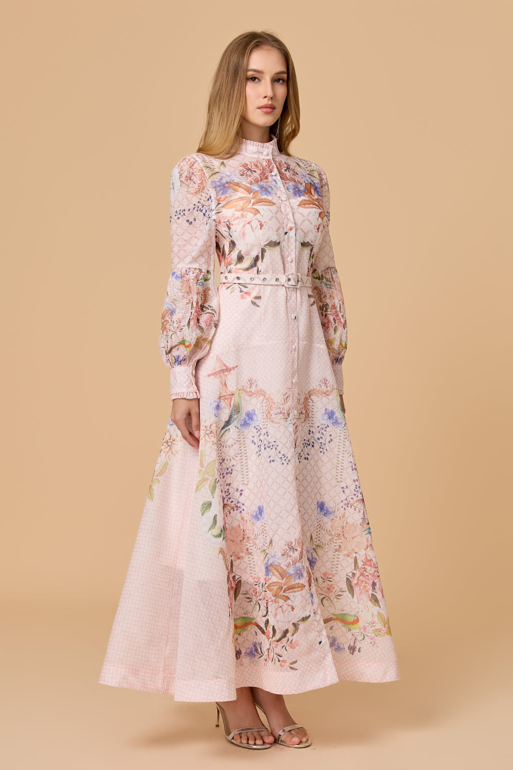 Pink Allover Print Stand Collar Belted Maxi Dress
