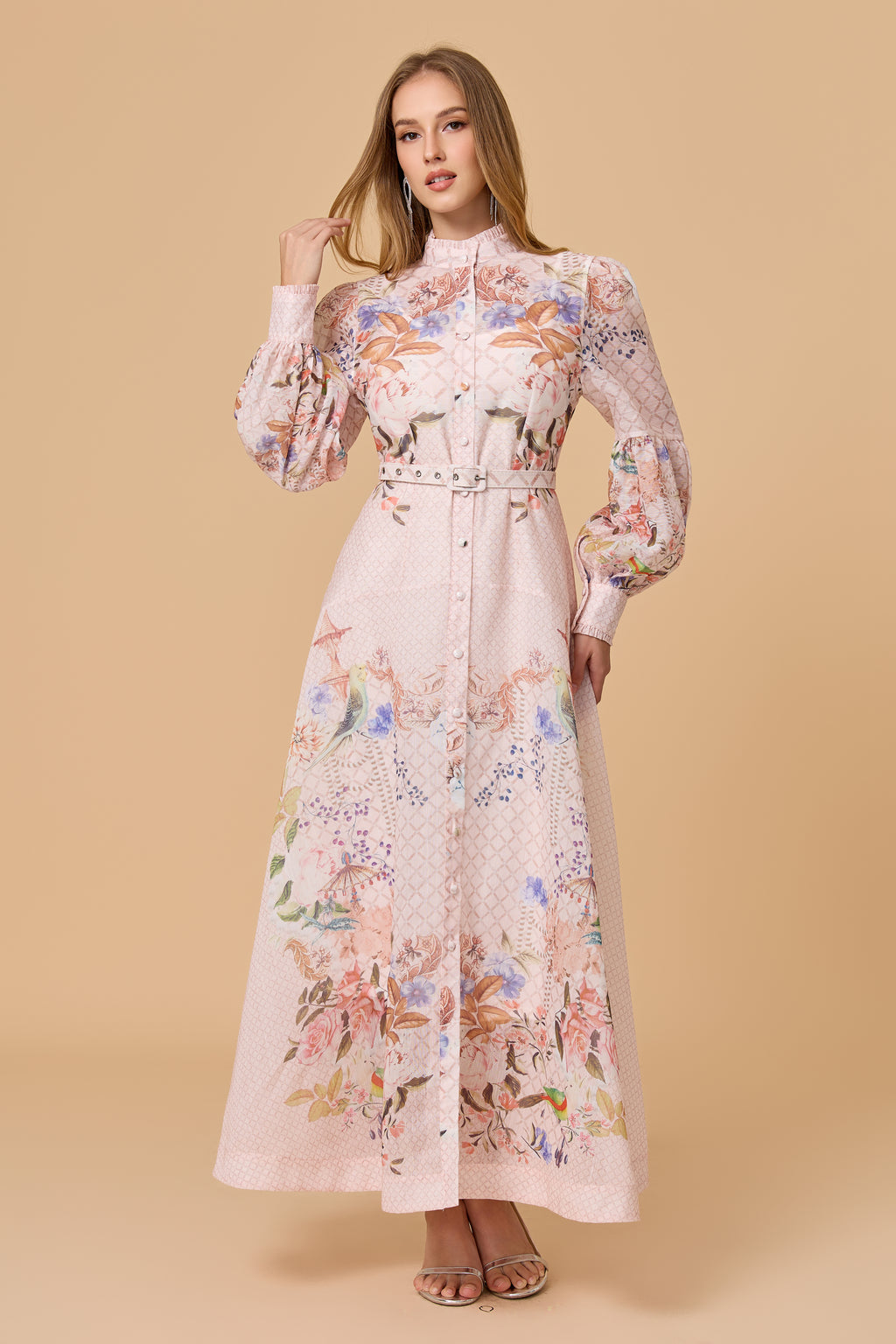 Pink Allover Print Stand Collar Belted Maxi Dress