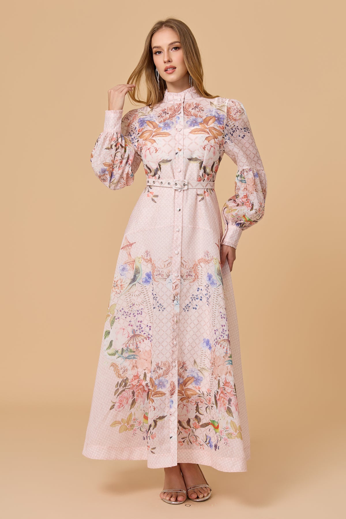 Pink Allover Print Stand Collar Belted Maxi Dress