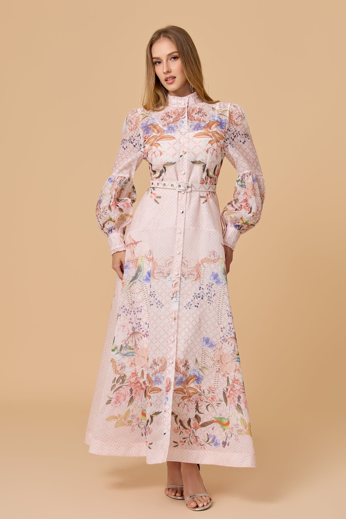 Pink Allover Print Stand Collar Belted Maxi Dress