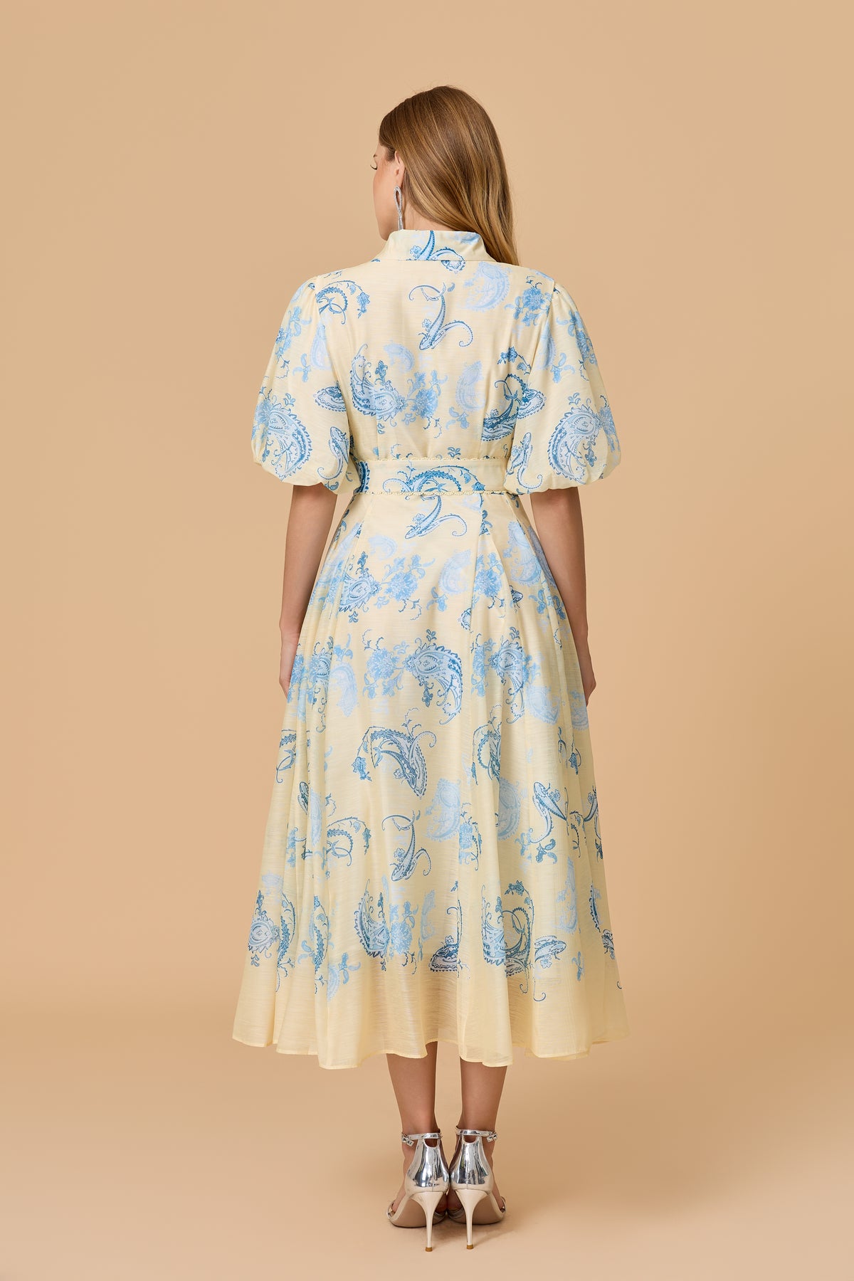 Forevermore Yellow  Paisley Print Puff Sleeve Midi Dress