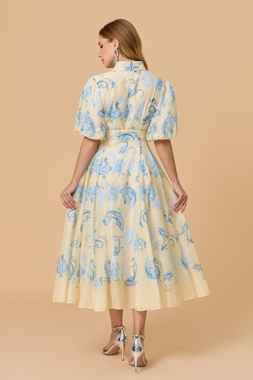 Forevermore Yellow  Paisley Print Puff Sleeve Midi Dress