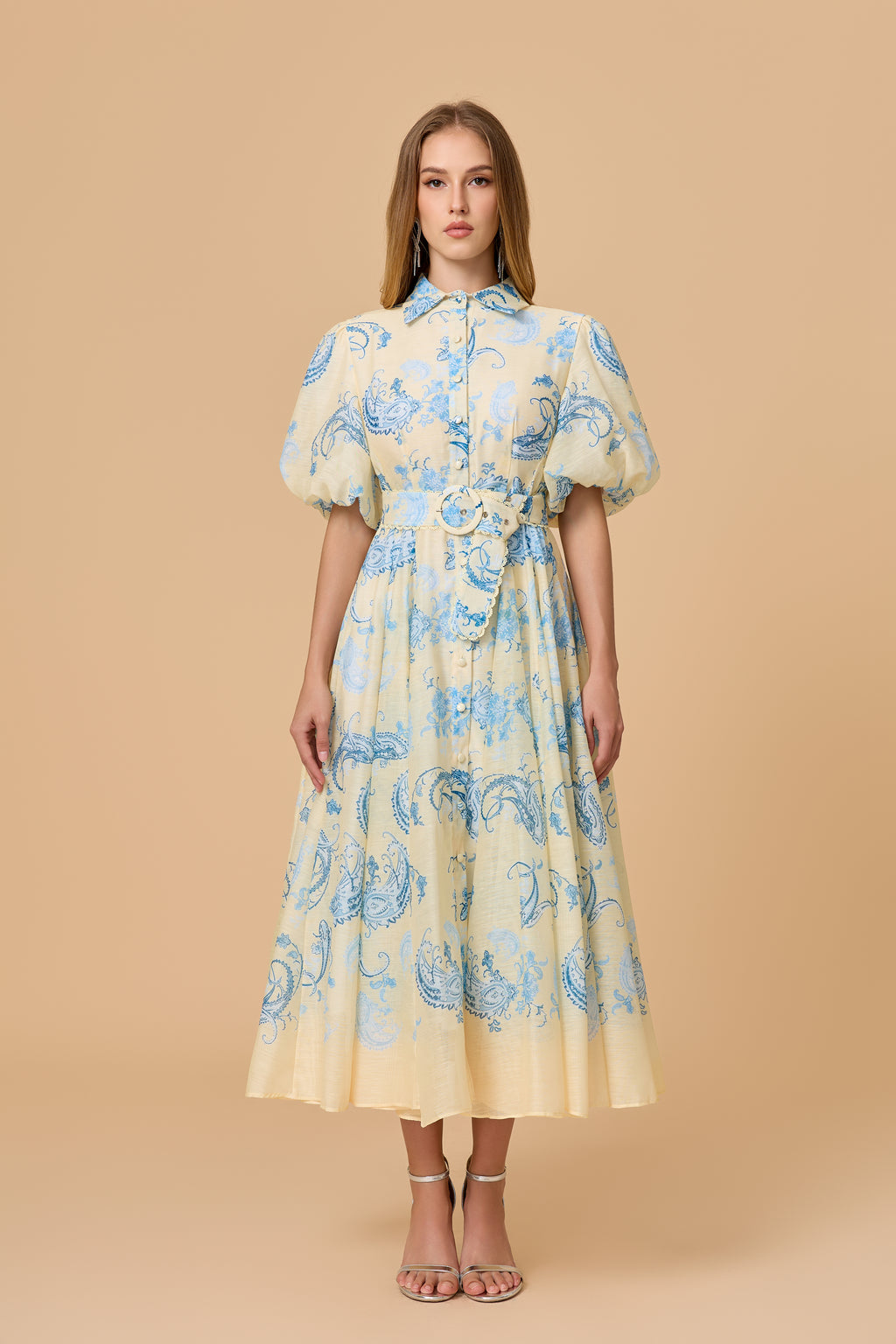 Forevermore Yellow  Paisley Print Puff Sleeve Midi Dress