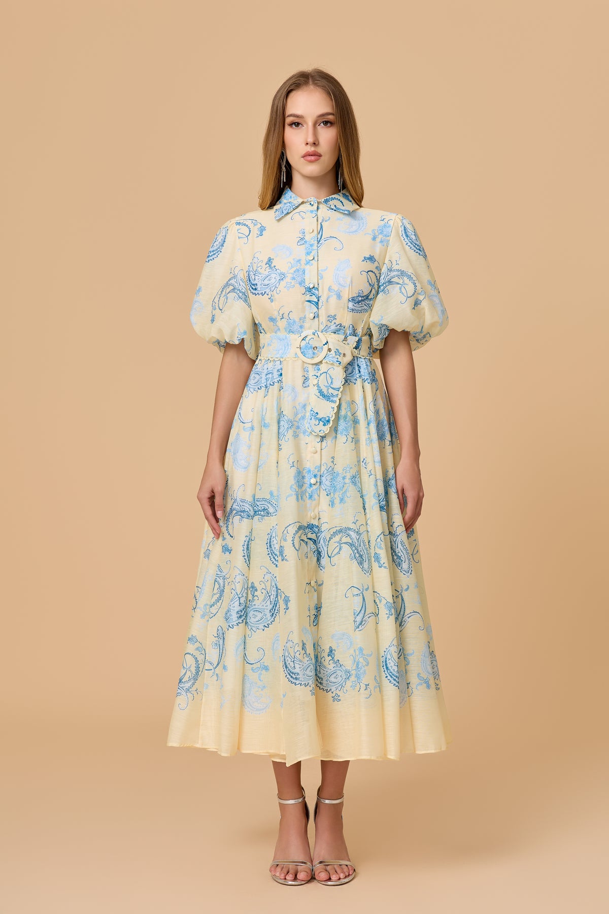 Forevermore Yellow  Paisley Print Puff Sleeve Midi Dress