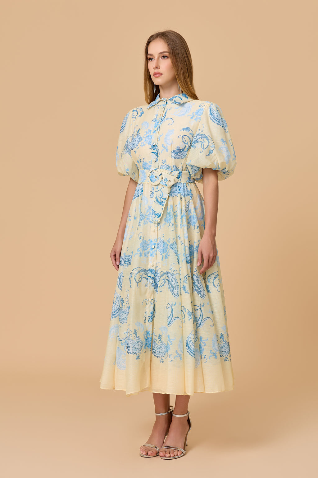 Forevermore Yellow  Paisley Print Puff Sleeve Midi Dress