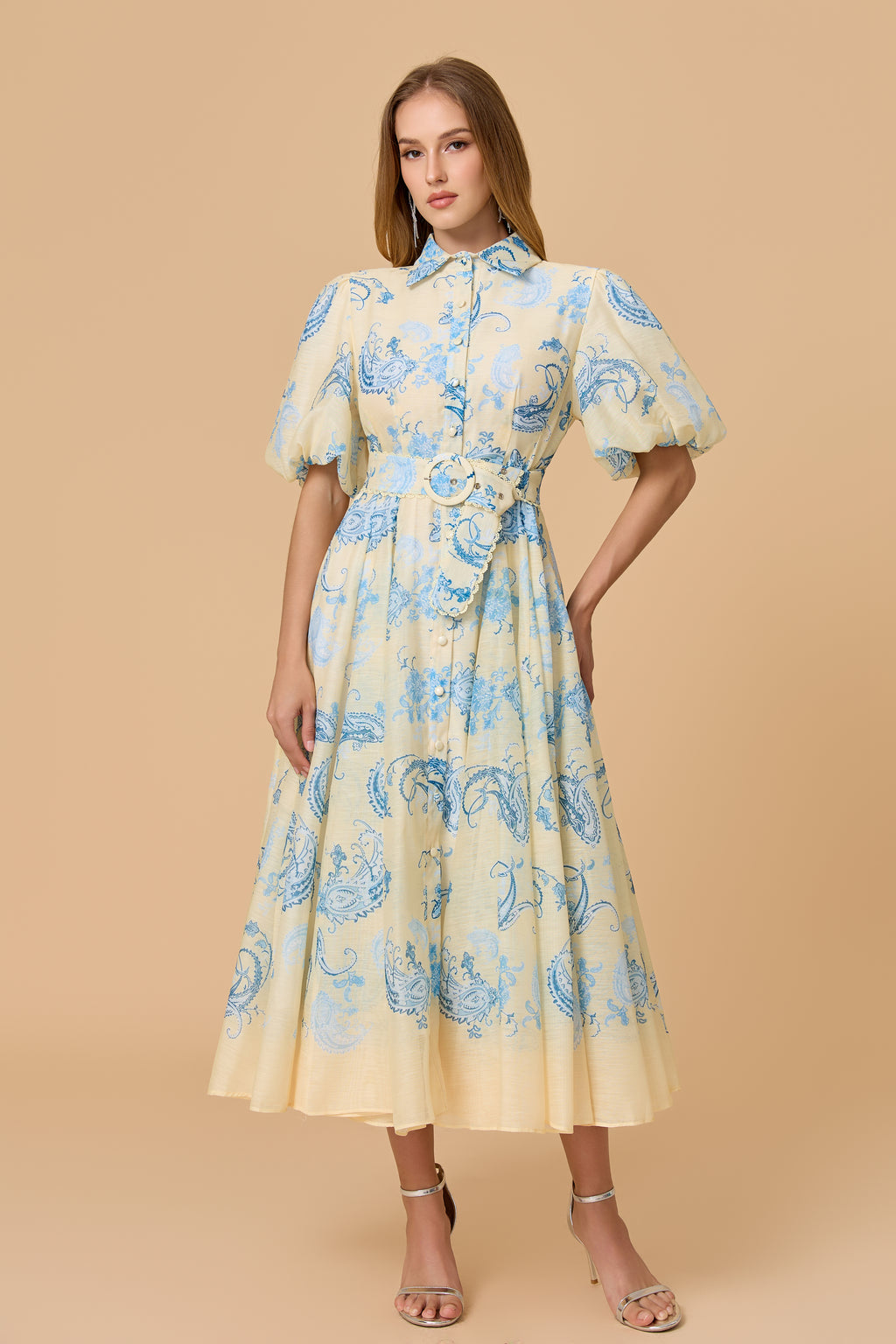 Forevermore Yellow  Paisley Print Puff Sleeve Midi Dress