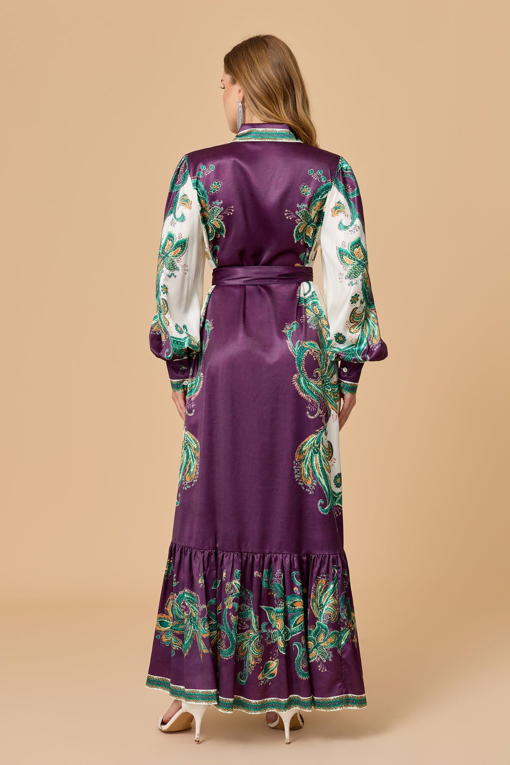 Luxury Satin Paisley Print Collared Tiered Maxi Dress