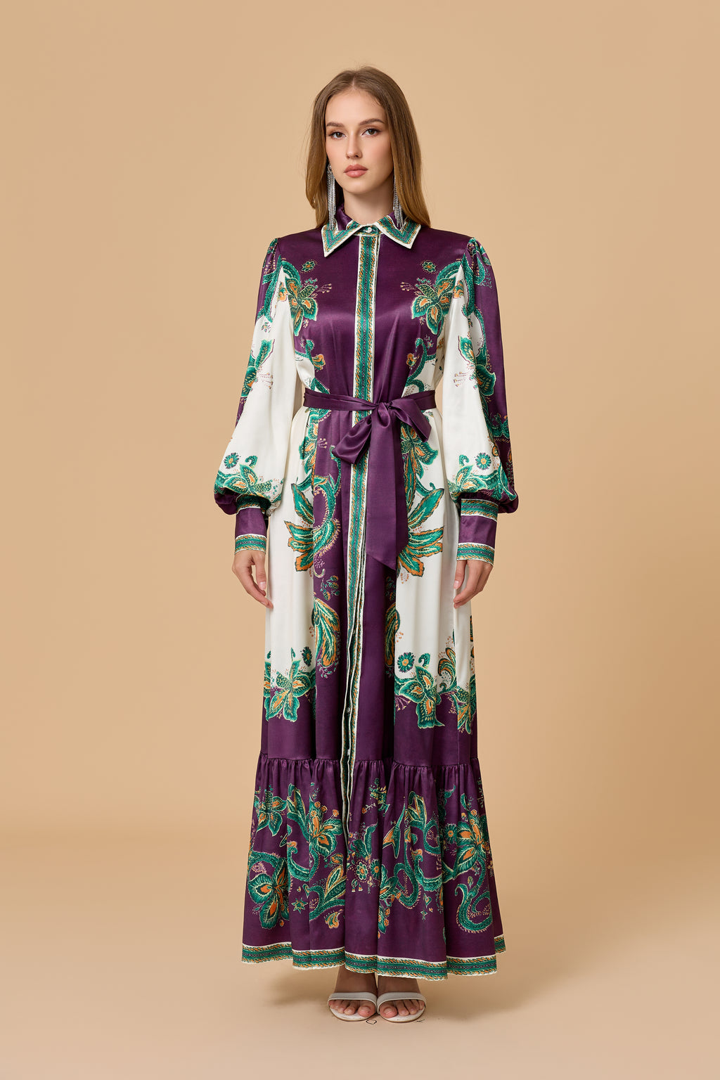 Luxury Satin Paisley Print Collared Tiered Maxi Dress