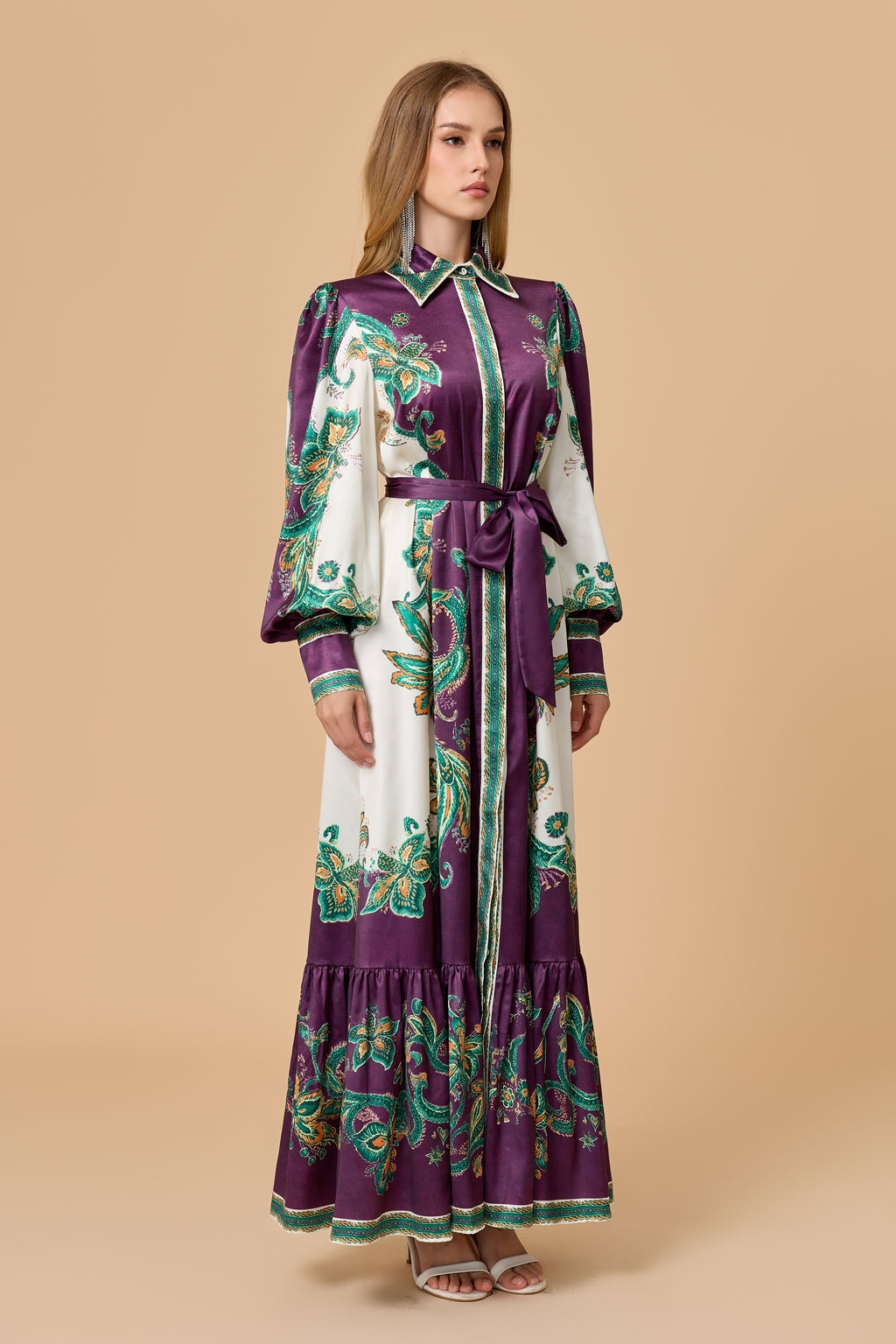 Luxury Satin Paisley Print Collared Tiered Maxi Dress