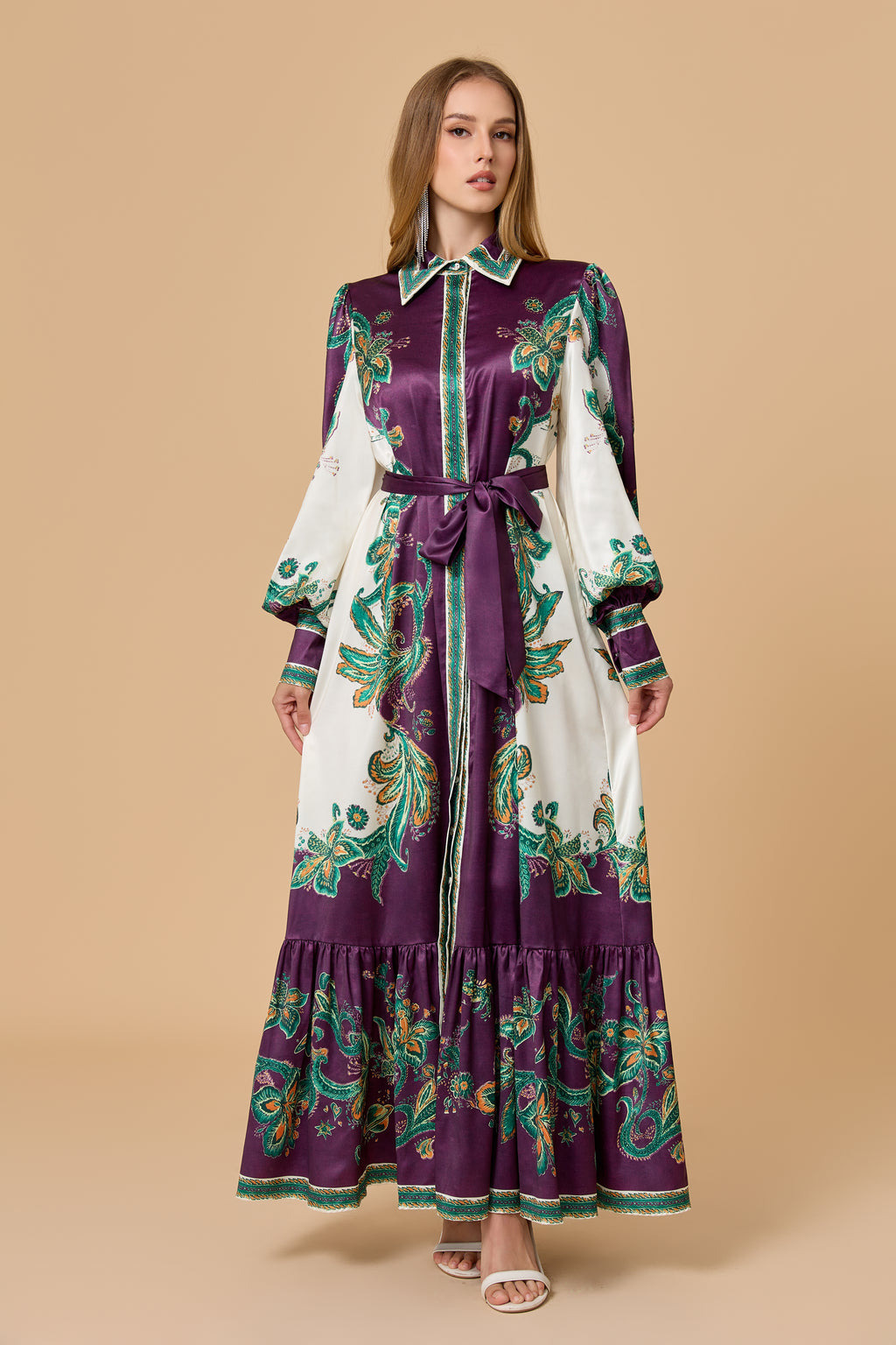 Luxury Satin Paisley Print Collared Tiered Maxi Dress