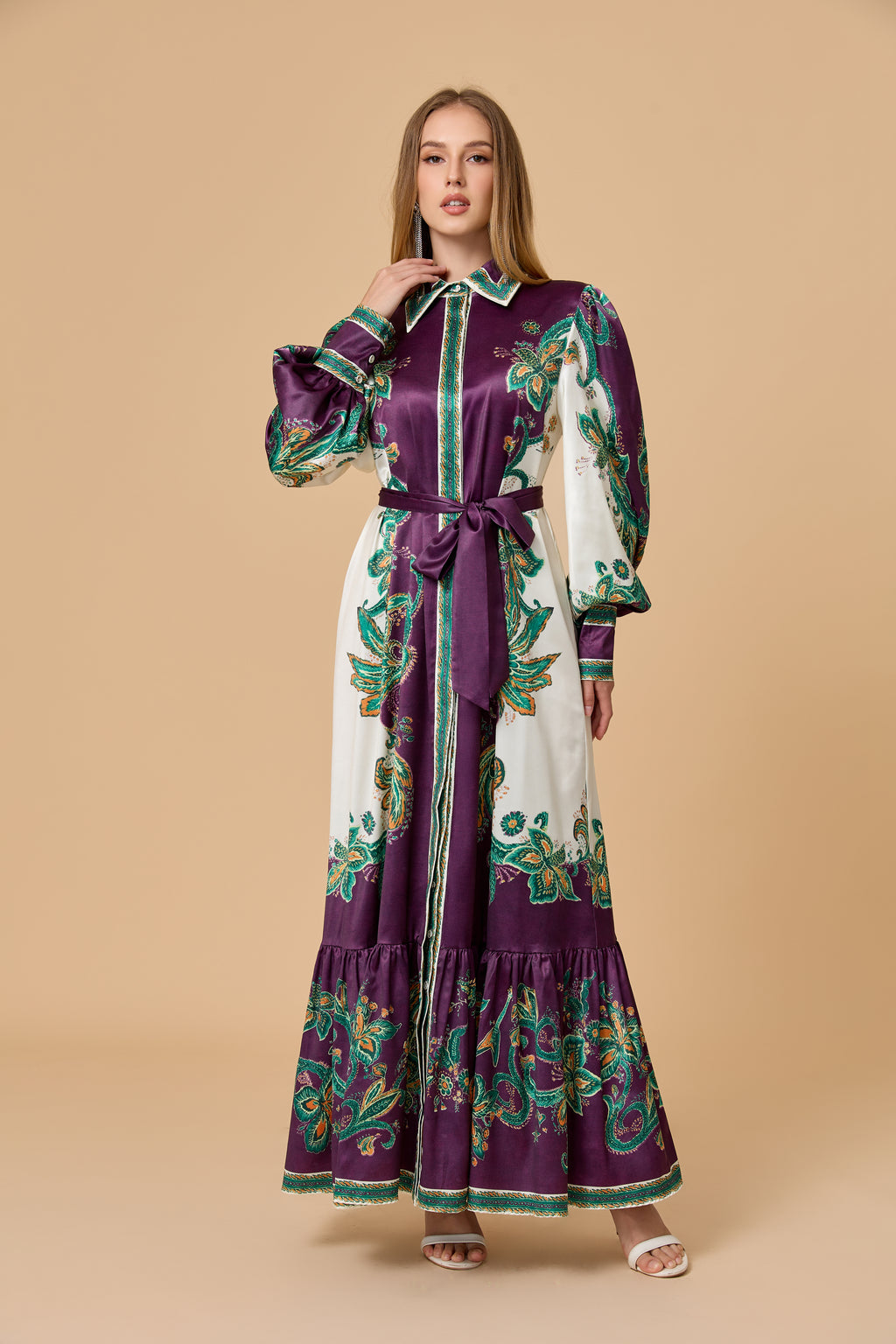 Luxury Satin Paisley Print Collared Tiered Maxi Dress
