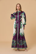 Luxury Satin Paisley Print Collared Tiered Maxi Dress