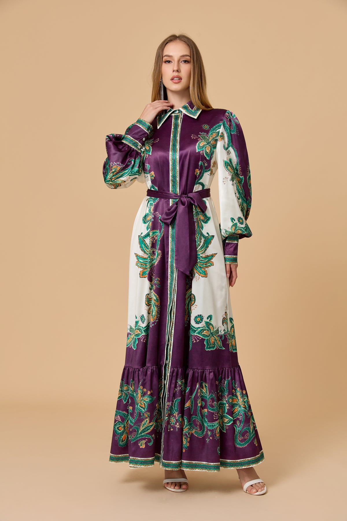 Luxury Satin Paisley Print Collared Tiered Maxi Dress
