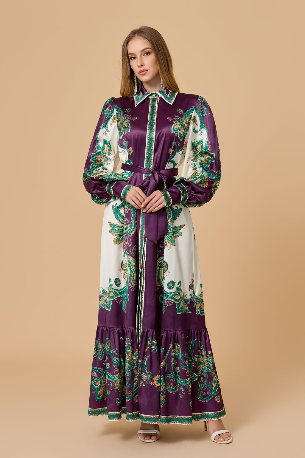 Luxury Satin Paisley Print Collared Tiered Maxi Dress