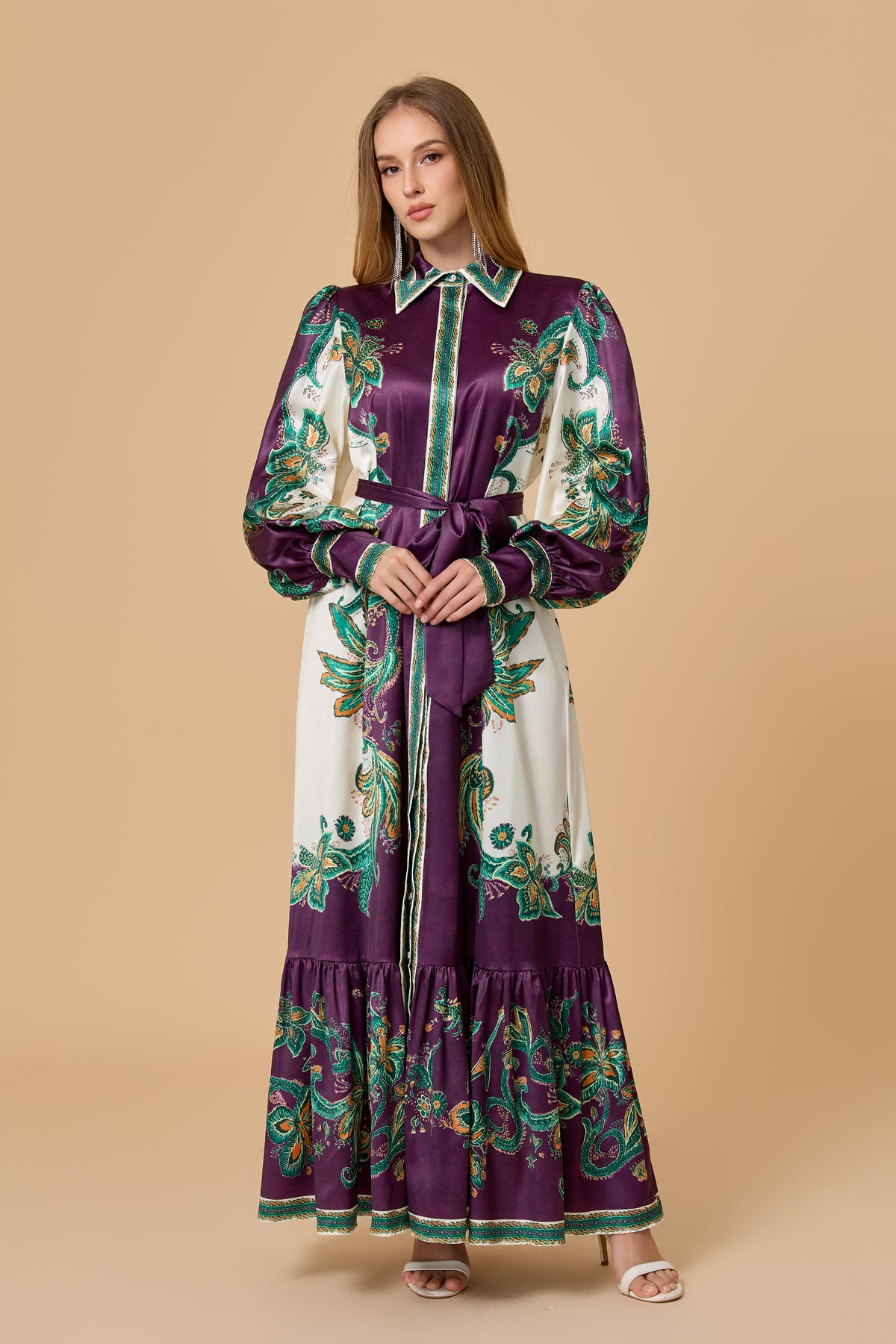 Luxury Satin Paisley Print Collared Tiered Maxi Dress