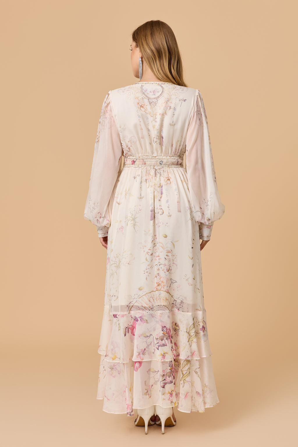 Floral Print Balloon Sleeve Tiered Midi Dress