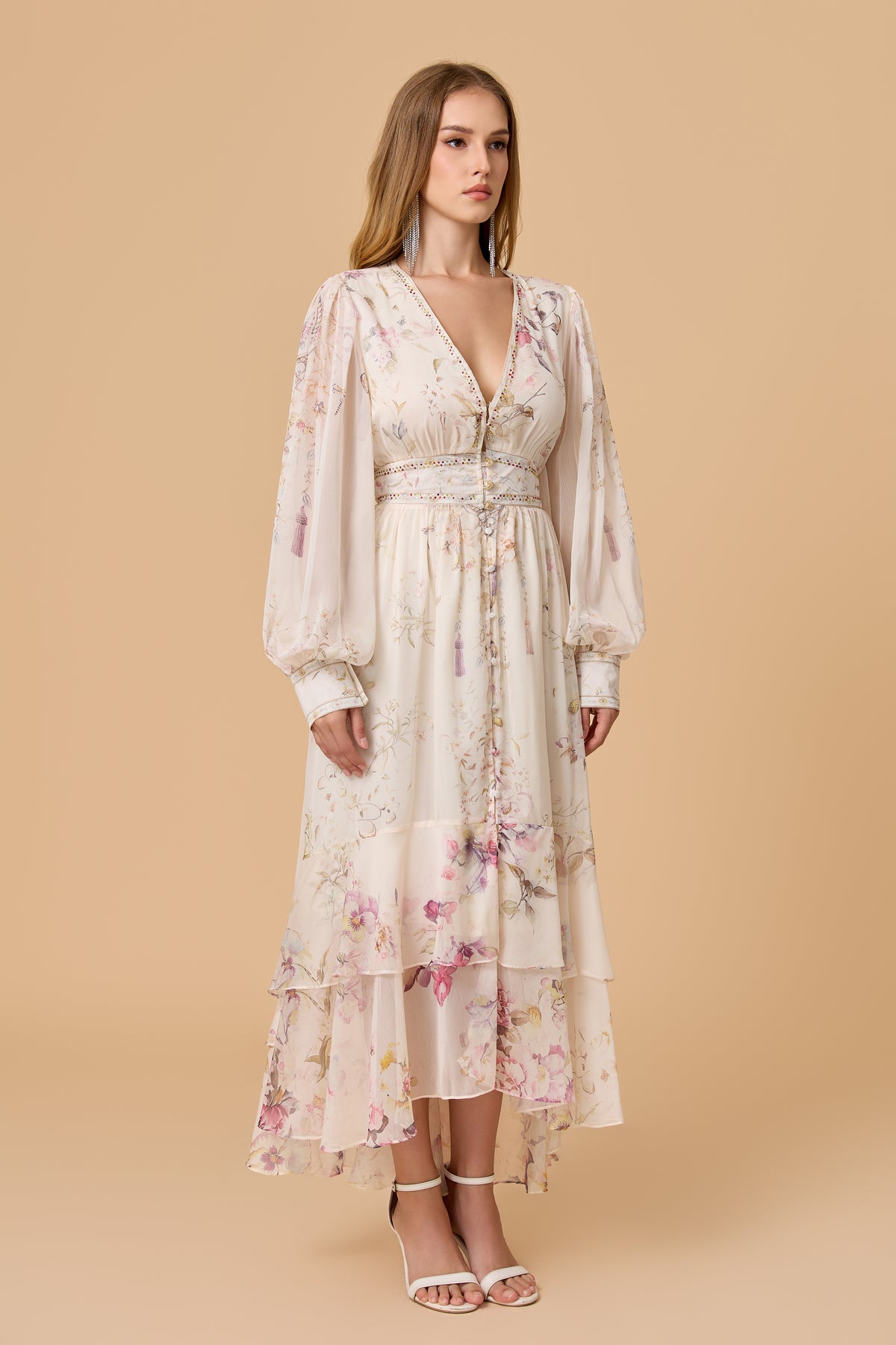 Floral Print Balloon Sleeve Tiered Midi Dress