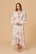 Floral Print Balloon Sleeve Tiered Midi Dress