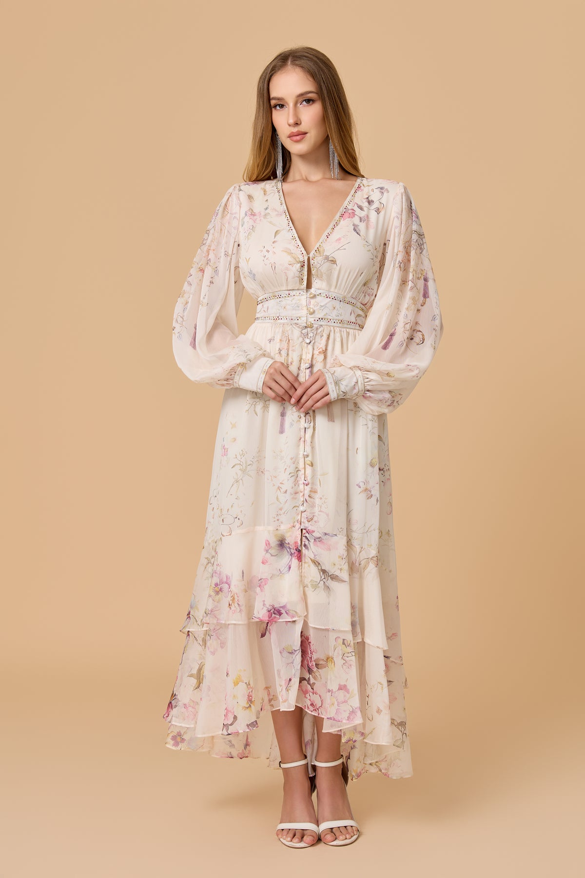 Floral Print Balloon Sleeve Tiered Midi Dress