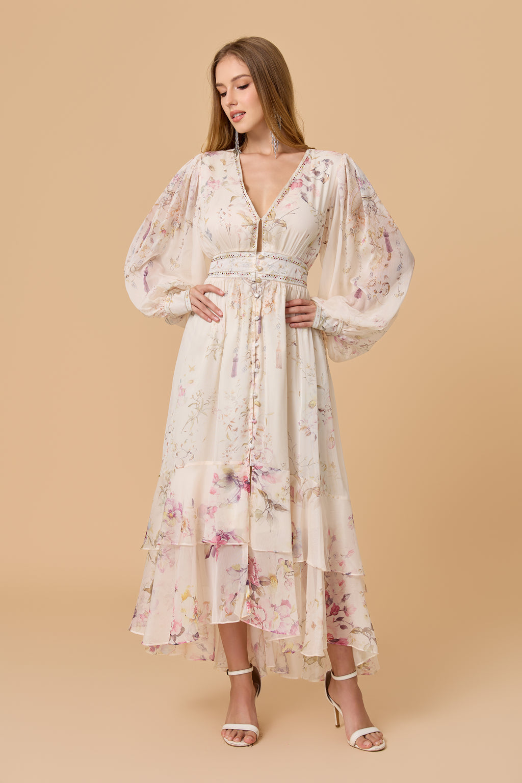 Floral Print Balloon Sleeve Tiered Midi Dress