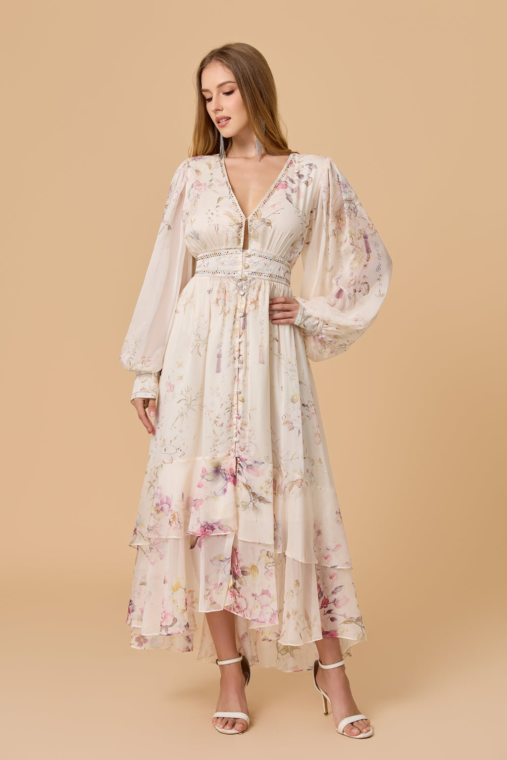 Floral Print Balloon Sleeve Tiered Midi Dress