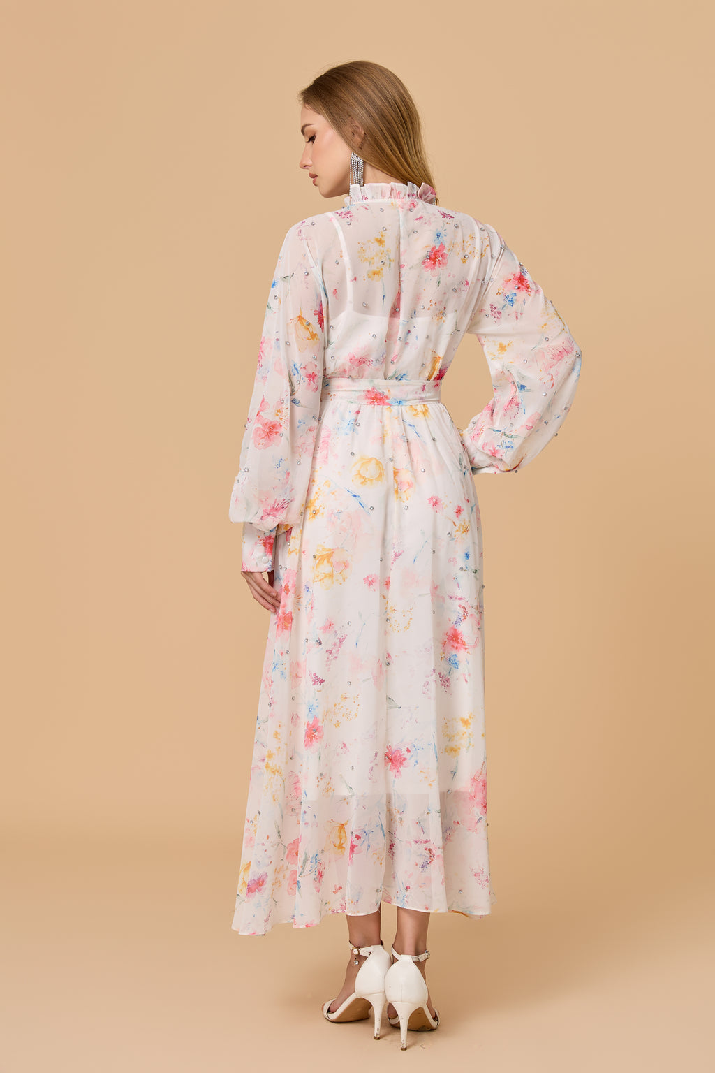 Pastel Floral Print Long Sleeve Pleated Maxi Dress