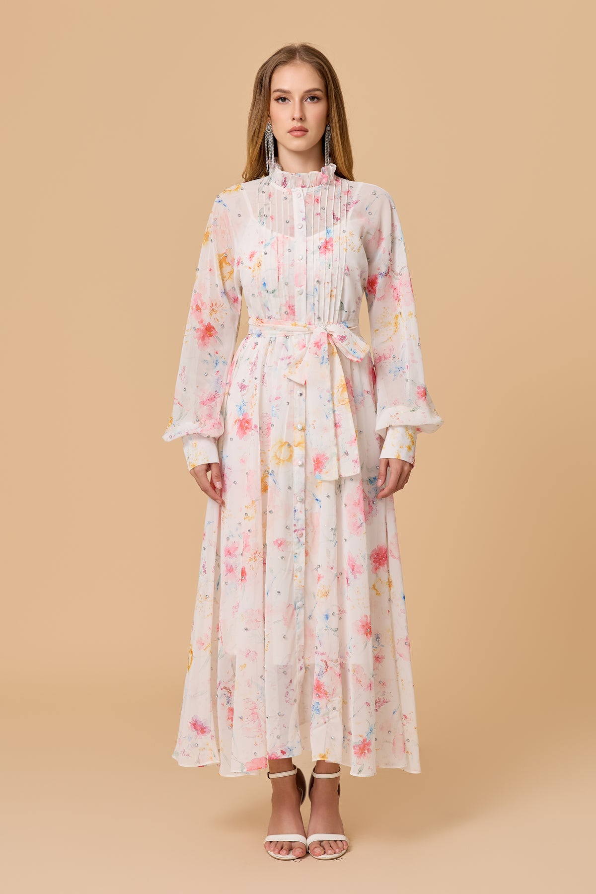 Pastel Floral Print Long Sleeve Pleated Maxi Dress