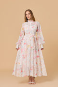 Pastel Floral Print Long Sleeve Pleated Maxi Dress