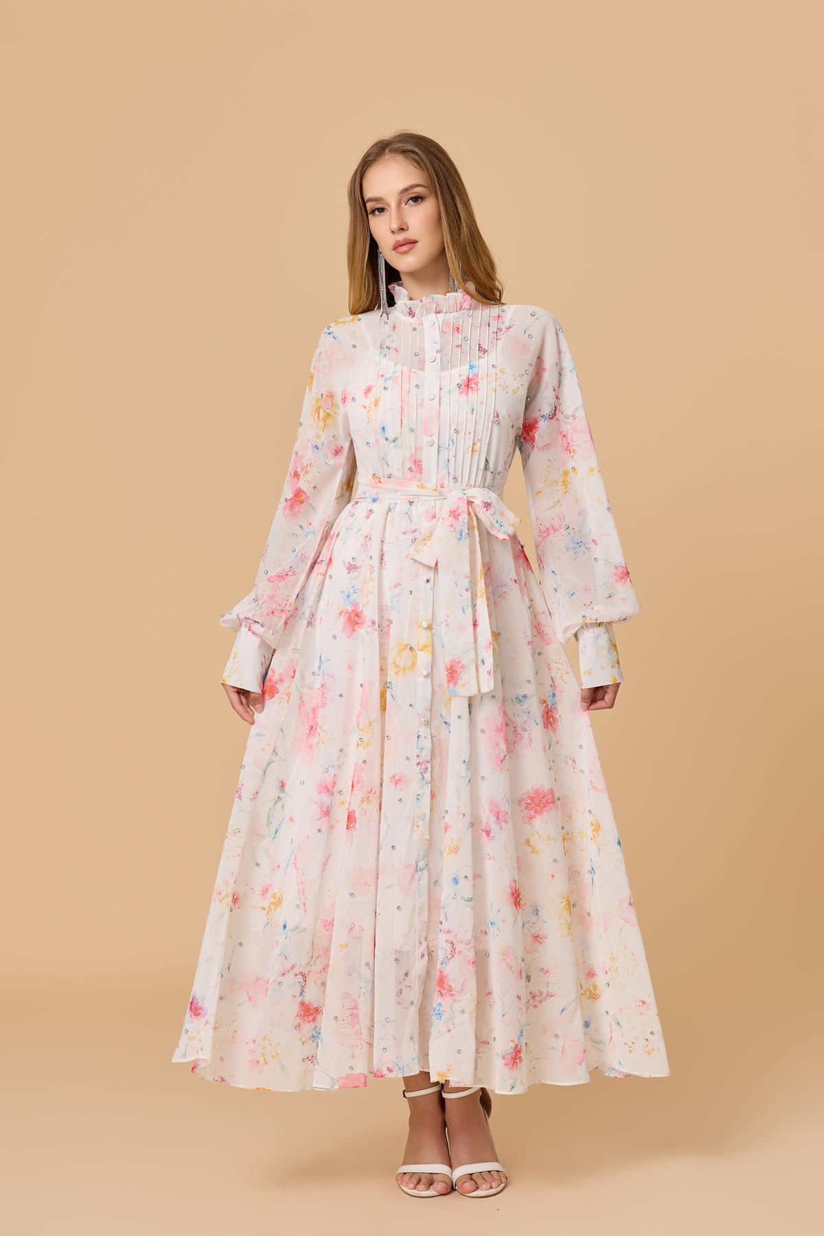 Pastel Floral Print Long Sleeve Pleated Maxi Dress