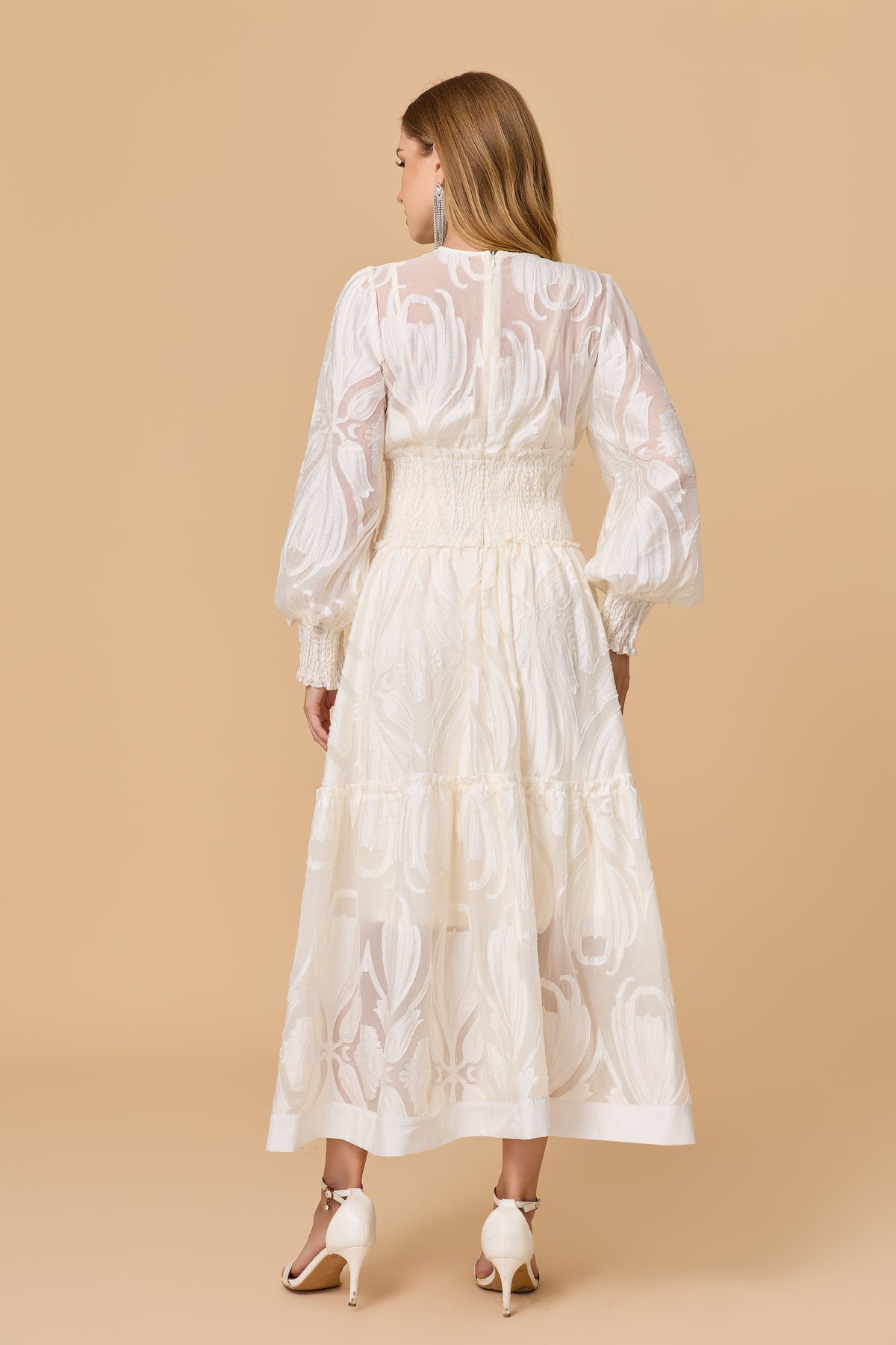 White  Long Puff Sleeve Embossed Midi Dress